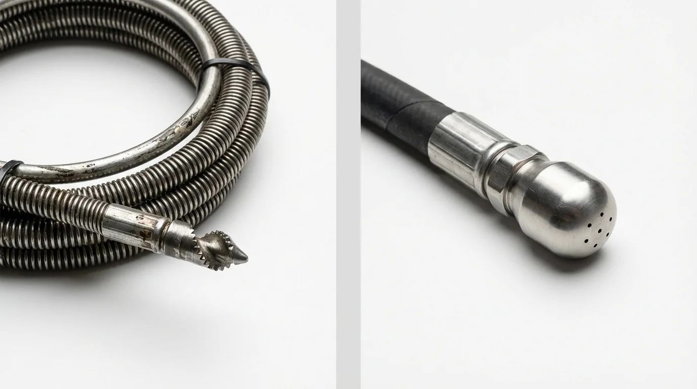 Drain snake cable and hydro jetting nozzle used for drain cleaning in Oakville, CT