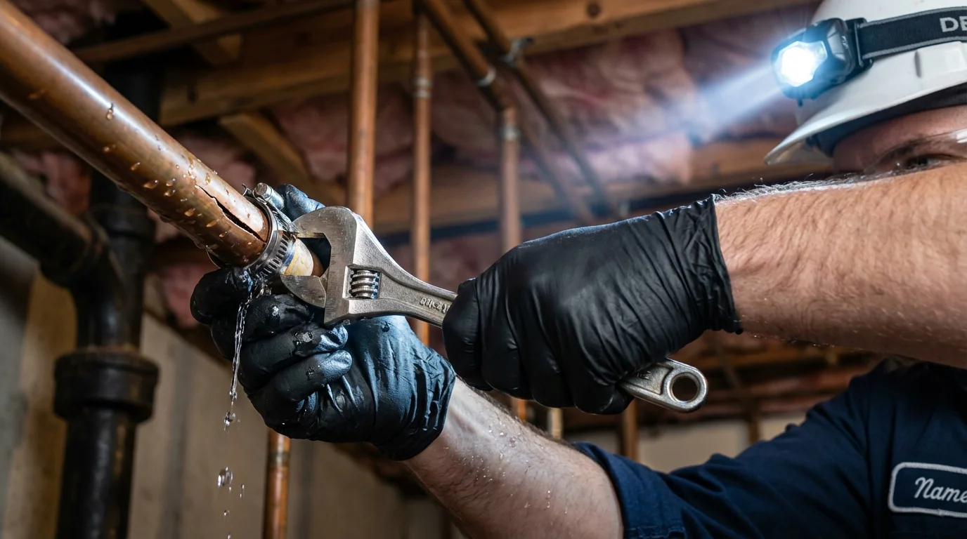 Emergency pipe clamp repair being performed by a Johns Plumbing LLC plumber in Oakville
