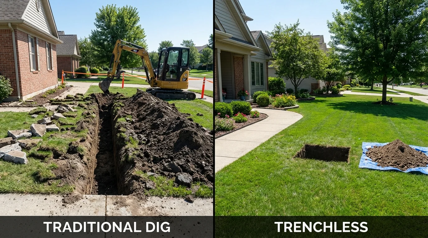 Trenchless sewer repair with minimal yard damage versus traditional excavation in Oakville, CT