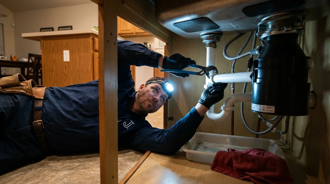 P-trap and supply line connections under a kitchen sink showing a common leak point in Oakville, CT
